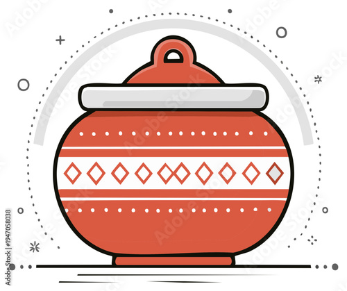 Terracotta Cooking Pot Vector Illustration, Kitchenware Container with Lid for Cooking or Storing Food