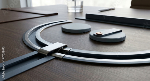 Abstract curved rail with clip and round discs on conference table