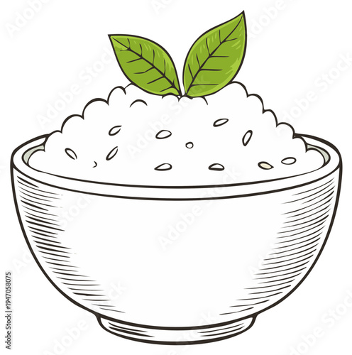 Bowl of Rice with Green Leaves Food Illustration