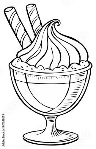 Ice cream sundae in a glass bowl with wafer sticks, dessert illustration.