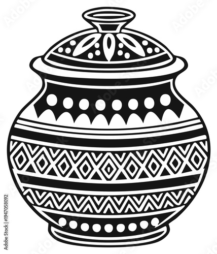 Decorated pottery vase with lid, black and white illustration