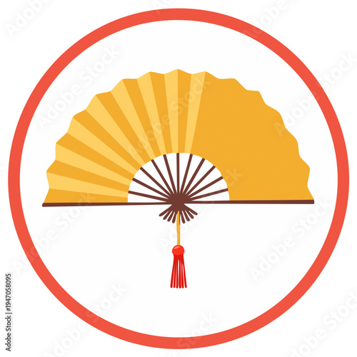 Traditional yellow folding fan with red tassel icon inside a red circle