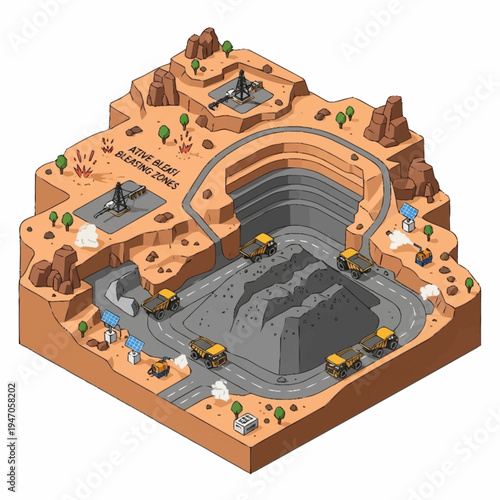 Isometric view of a large open pit mining operation with heavy machinery.