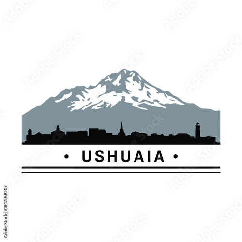 Ushuaia cityscape silhouette with snowy mountains in the background