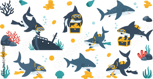 Cute scuba diving shark cartoon set exploring underwater treasure chest coins shipwreck coral ocean adventure marine animal vector illustration