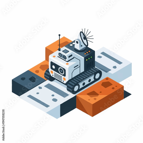 Small robotic exploration vehicle with antenna and camera.