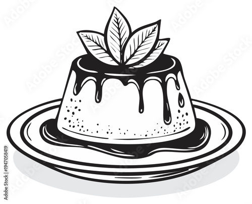 Delicious dessert illustration with chocolate sauce and fresh mint leaves for gourmet dessert presentation