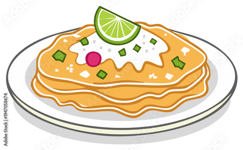 Colorful stacked savory food dish with fresh lime wedge and vibrant toppings on a plate vector illustration