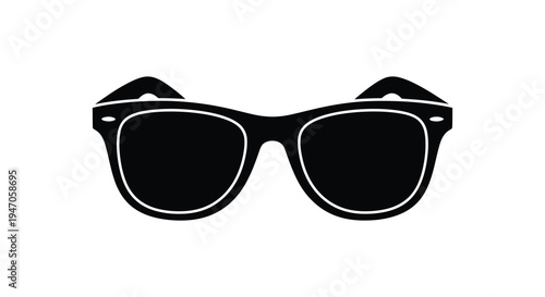 A striking black and white illustration depicts a pair of classic sunglasses sharply defined as a silhouette