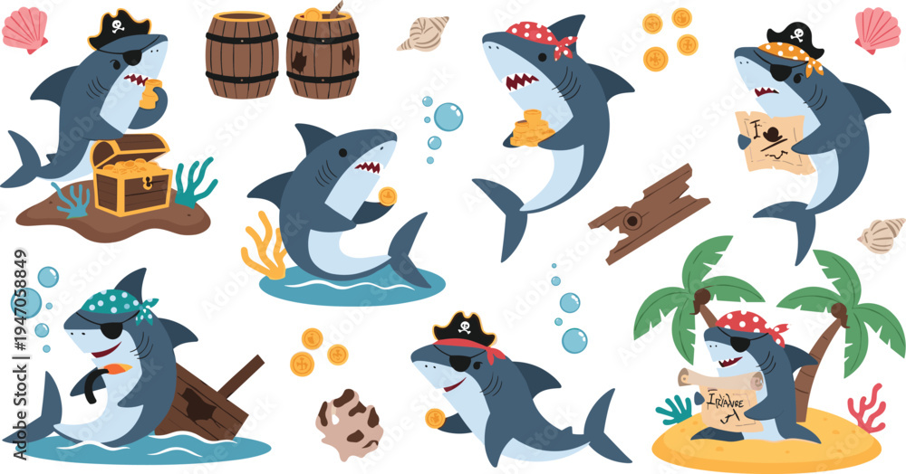 Obraz premium Cute pirate shark cartoon set with treasure chest gold coins map barrels island adventure sea animal vector illustration