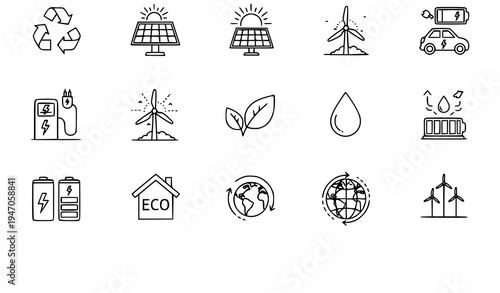 Sustainability and renewable energy outline icon set thin line editable stroke icons for ecology solar wind recycling and green technology