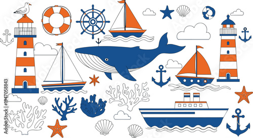Marine and Ocean Icon Set Featuring Lighthouses, Sailboats, Whales, Anchors, and Nautical Symbols for Sea and Beach Designs