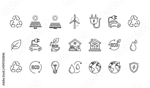 Eco sustainability and green energy outline icons with solar wind recycling electric vehicle thin line editable stroke vector set