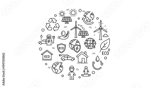 Renewable energy and sustainability outline icon set with recycling solar wind turbine electric vehicle eco thin line vector