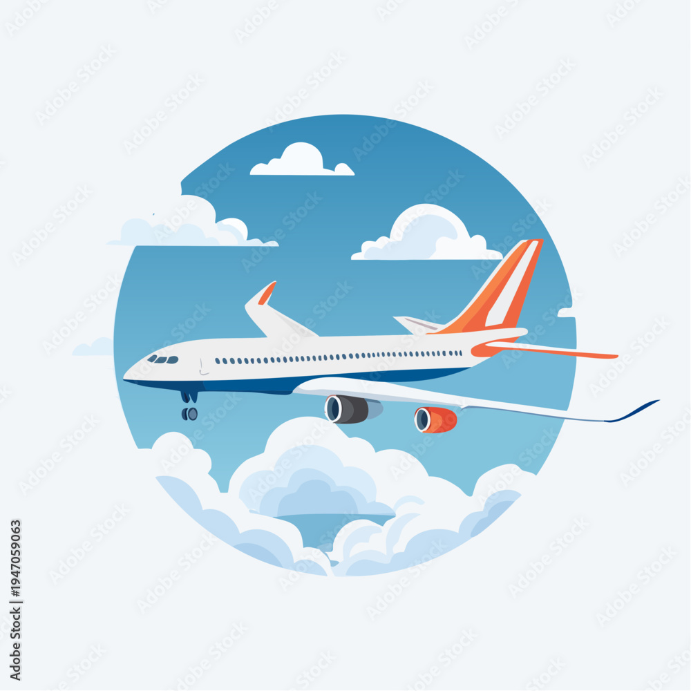 Naklejka premium Modern passenger jet aircraft soaring through a bright blue sky, surrounded by soft white cumulus clouds, symbolizing air travel and international journeys