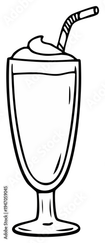 Doodle Style Chocolate Milkshake with Whipped Cream and Straw in a Tall Glass
