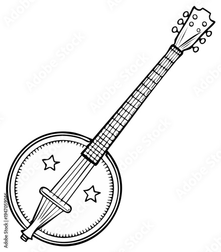 Banjo Musical Instrument Line Art Illustration with Stars Acoustic Music