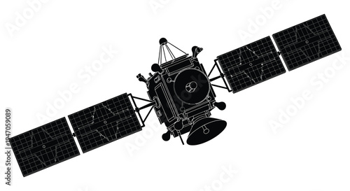 A detailed illustration of a satellite in space displaying its solar panels and antennas silhouette high quality professional