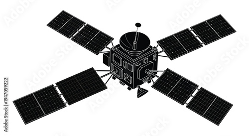 A detailed illustration depicts a spacecraft with expansive solar panels extended rendered as a striking silhouette high quality