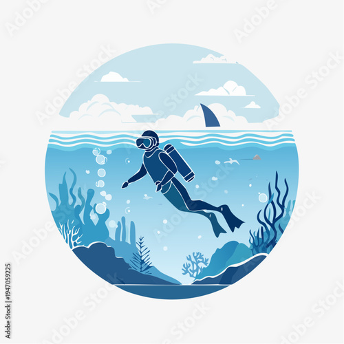 Scuba diver exploring coral reefs with shark in the background underwater scene