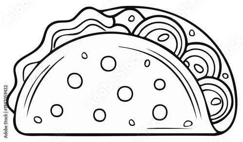 Taco line art illustration for coloring books or posters. Mexican food in a shell. Isolated editable vector image.