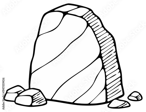 Monochrome image showcasing a large boulder with smaller rocks in a cartoon style, isolated on white, outline drawing.