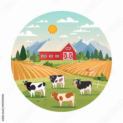 Vibrant rural farm scene illustration with a red barn, grazing cows, and sunny mountainous landscape