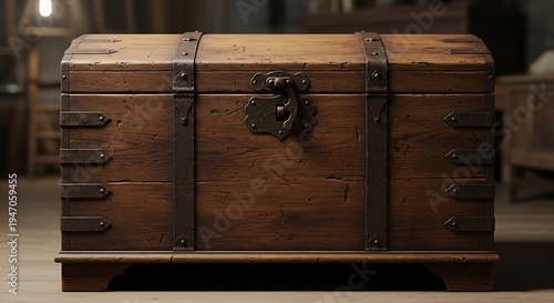 Vintage Wooden Chest with Metal Hinges and Lock.