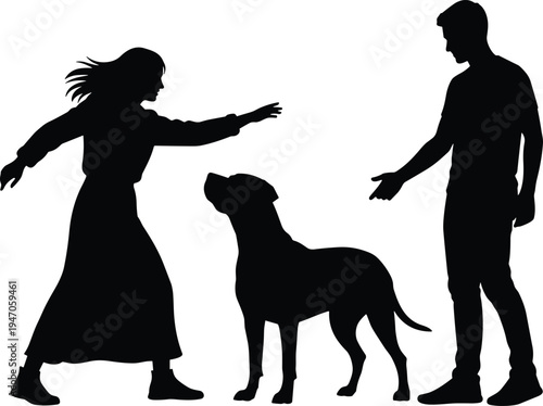 Couple interacting with dog silhouette isolated on white background, pet training and family lifestyle concept vector illustration for animal care design