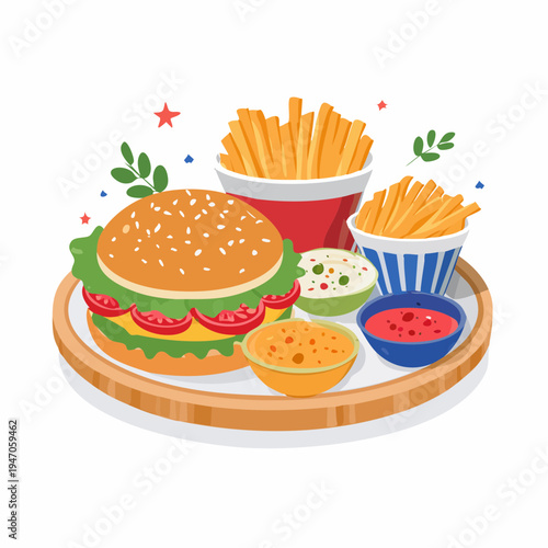 Delicious Fast Food Meal Illustration with Juicy Burger, Crispy Fries, and Assorted Dips on a Wooden Tray