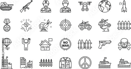 Military, War, and Peace Icon Set Featuring Tanks, Guns, Soldiers, Drones, Peace Symbols, and Conflict-Related Designs