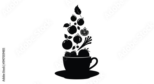 A black silhouette depicts a cornucopia of fruits spilling from a teacup and saucer silhouette high quality professional