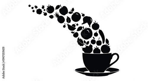 A black cup overflows with a vibrant assortment of fruit shapes in a dynamic artistic silhouette high quality