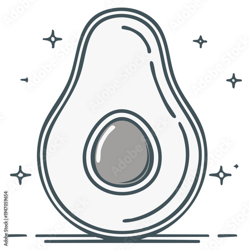 Stylized illustration of a fresh avocado half with a prominent pit surrounded by sparkling starbursts