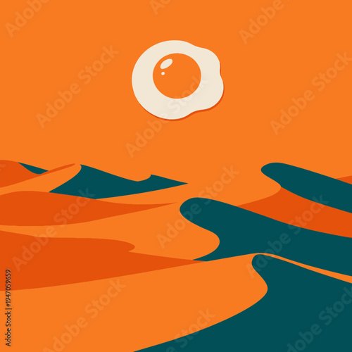Stylized desert landscape with orange and teal dunes under a bright orange sky, featuring a fried egg as the sun.
