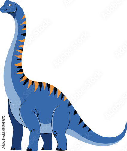 Blue brachiosaurus dinosaur vector illustration, long neck sauropod with orange and black stripes, prehistoric herbivore animal isolated on white background for kids.
