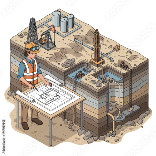 Engineer reviewing blueprints at oil drilling site with cross-section view.