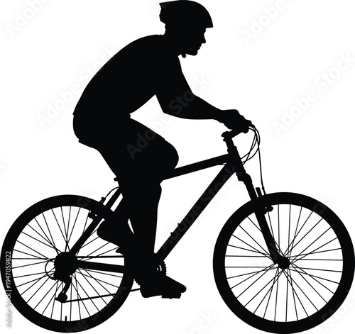 Cyclist riding bicycle silhouette wearing helmet, athletic man cycling outdoor sport activity, mountain bike rider vector illustration isolated on white background