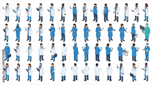  Isometric Medical Staff Diverse Healthcare Professionals Character Set.