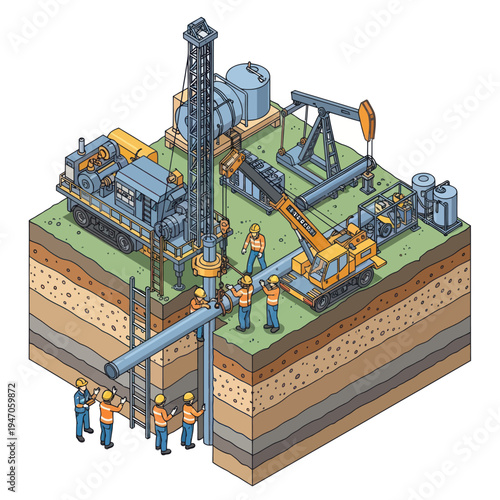 Oil Rig Drilling Operation and Extraction Process Illustration.