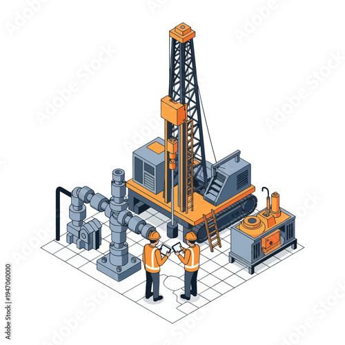 Oil Rig Drilling Equipment and Workers Isometric View.