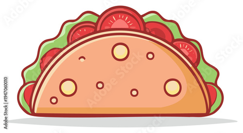Cartoon taco icon filled with lettuce and tomato slices isolated, vibrant mexican fast food snack illustration