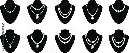 Necklace Icon Set Featuring Various Styles of Pearl and Gemstone Necklaces for Jewelry and Fashion Designs