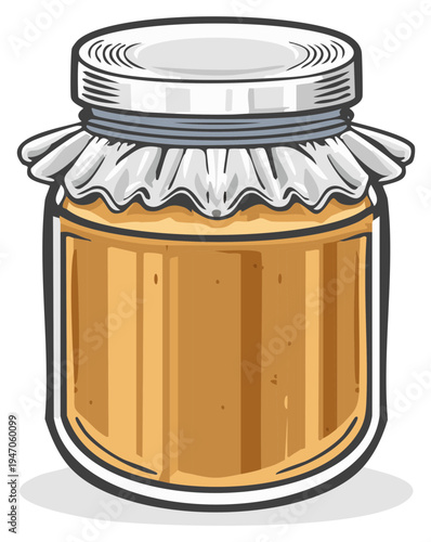 Cartoon illustration of a jar of food with a metal lid and cloth