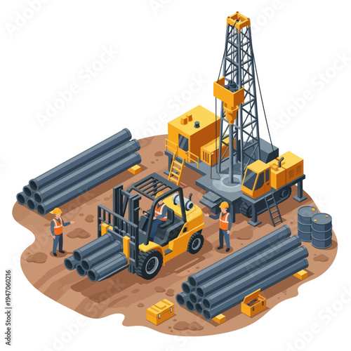 Oil Rig Construction Site with Forklift and Workers.