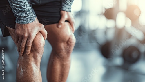 Man Experiencing Knee Pain After Workout in Gym.