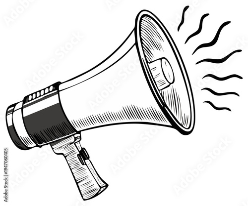 Hand drawn illustration of a vintage megaphone emitting sound waves for communication or announcement