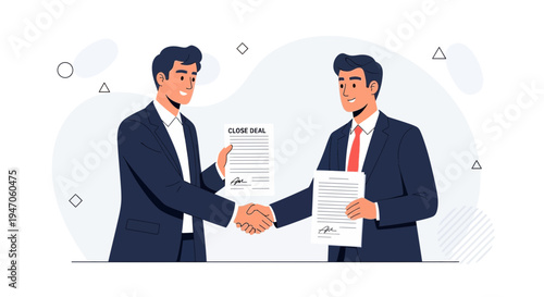Two businessmen shaking hands, closing a deal with signed contracts.