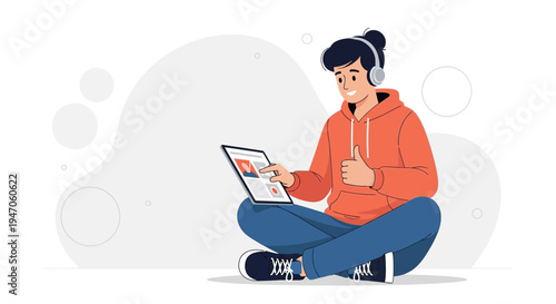 Young man with headphones on tablet, giving thumbs up, sitting cross-legged