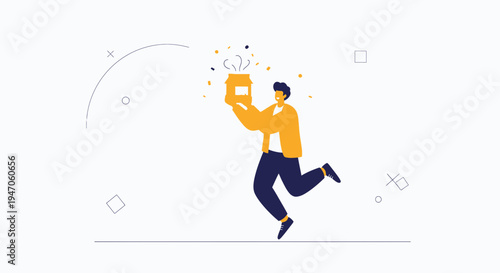 Happy Man Jumping with Gift Box, Celebration, Surprise, Excitement, Flat Design